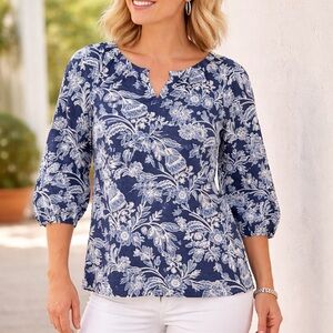 Talbots Blue Floral Blouse 3/4 Sleeve Lightweight Top Women’s Medium